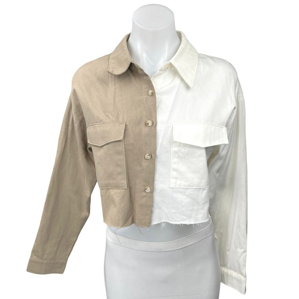 Garota Women's White Beige Raw Hem Boxy Cropped Button Down Shirt Top Size S